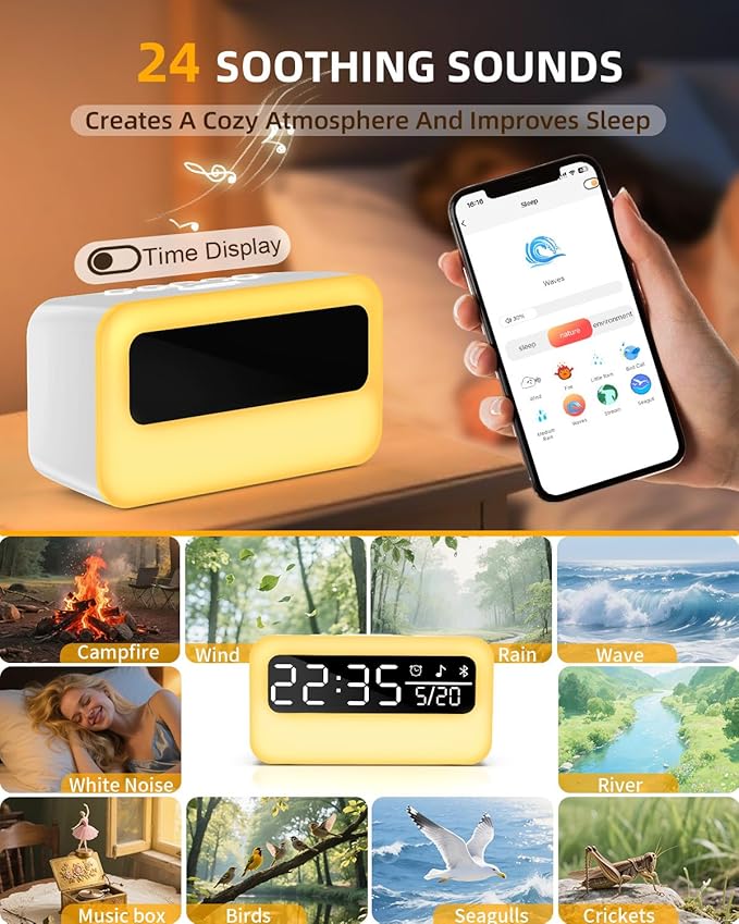 4-in-1 White Noise Sound Machine with 24 Soothing Sounds, Adjustable Night Light for Kids Aldult, 4000mAh Rechargeable Bluetooth Speaker with Time Display