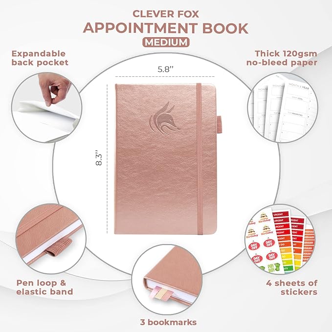Clever Fox Appointment Book – Hourly Schedule Planner with Time Slots – Time Box Planner for Daily Work & To-Dos – Weekly & Monthly Spreads, Undated, Hardcover, A5 Size (Rose Gold)