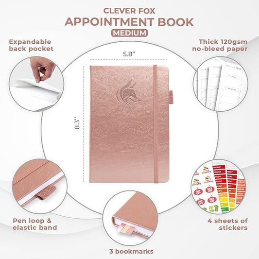 Clever Fox Appointment Book – Hourly Schedule Planner with Time Slots – Time Box Planner for Daily Work & To-Dos – Weekly & Monthly Spreads, Undated, Hardcover, A5 Size (Rose Gold)
