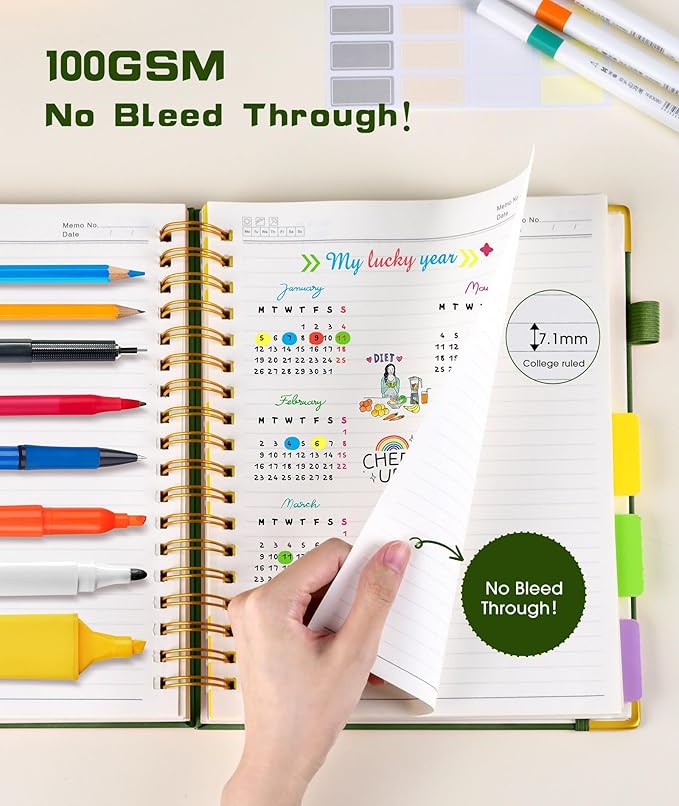 Hardcover Spiral Notebook journal with Removable Dividers Tabs, 300 Pages Leather 5 Subject Notebook College Ruled, 100GMS A5 Notebooks for Work School Note taking,Lined Journal for Women,A5-Green