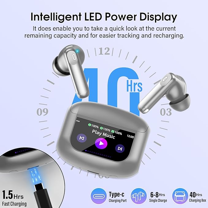 Wireless Earbuds, Bluetooth 5.4 Headphones Multi-Function Touch Screen with 5 EQ Modes, 48H Ear Buds Bass Stereo with ANC Noise Cancelling/Transparency Mode, IPX7 Bluetooth Earbuds, Grey