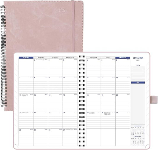 POPRUN 2026-2027 Monthly Planner A4 Size, 16 Months Calendar (Dec 2025-Mar 2027), 2 Pages per Month with Dotted & Lined Note, Monthly Tabs, Spiral Softcover, 2 Inner Pockets - Pink
