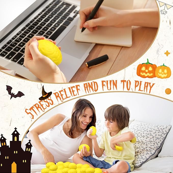 Leitee 12 Pcs Brain Stress Balls Bulk Large Halloween Brain Toys PU Hand Muscle Exercise Pressure Ball Funny Stress Relief Toy for Teens Adult Improving Grip Strength Prop(Yellow)