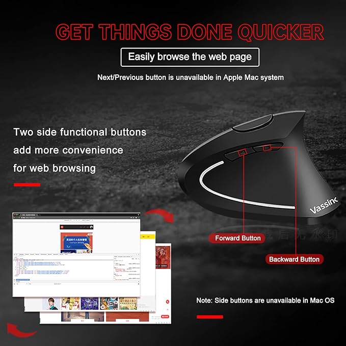 Vassink Ergonomic Mouse, Rechargeable Wireless Mouse, 2.4GHz Rechargeable Wireless Vertical Optical Mice with USB Receiver, 6 Buttons for Laptop, PC, Computer Black