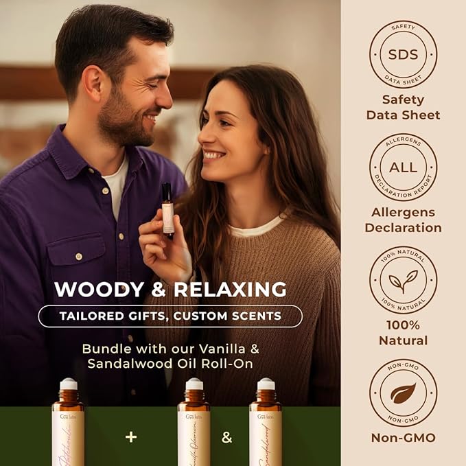 Gya Labs Patchouli Roll On, Luxurious Aroma for Confidence and Allure - Patchouli Essential Oil Roll On for Tranquillity and Inner Peace - 0.34 Fl Oz - Travel-Sized Convenience and Quick Absorption