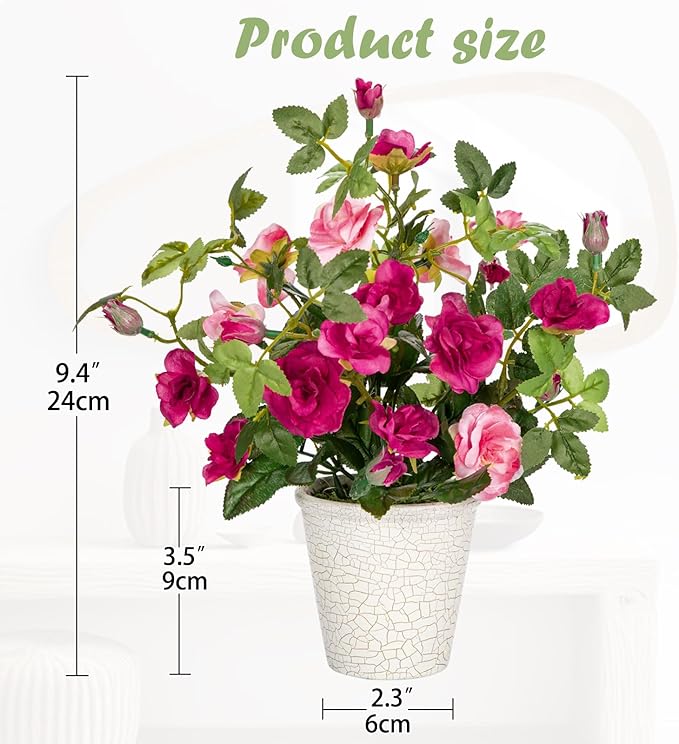 Hollyone Artificial Plants & Flowers in Vase Red Camellia Roses Small Faux Flower Plant Arrangement with Pot Fake Rose Flowers Home Decor Office Bathroom Shelf Desk Table Decoration