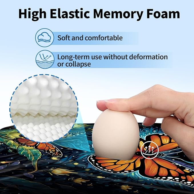 Ergonomic Mouse Pad with Wrist Rest Support, Mousepad with Comfortable Memory Foam Wrist Rest and Non-Slip PU Base for Pain Relief, Computer, Laptop, Office, Home (Butterfly)