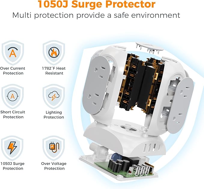TESSAN Surge Protector Power Strip Tower, Flat Plug Extension Cord 10 Ft with 8 AC Multiple Outlets 4 USB Ports (1 USB C), 1050J Protection Desk Charging Station for Home, Office Supplies, Dorm Room