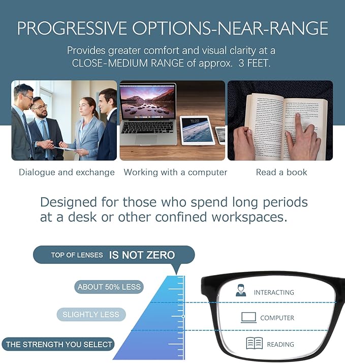 Missfive 2-Pack Mens Light Multifocus Progressive Reading Glasses Blue Light Blocking, Multifocal Spring Hinge No-Line Trifocal Readers Comfort Eyeglasses(Workspace For Near Range, Black, 3.5x)