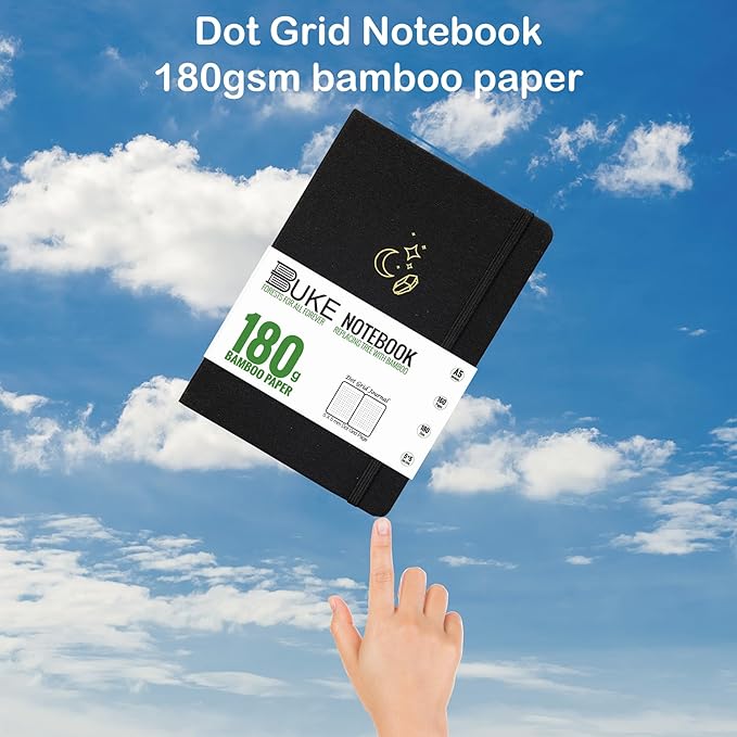 BUKE Mysterious MOON Diamond A5 Black Fabric Hardcover Dotted Notebook Dot Grid Journal 180gsm Bamboo White Paper, 5 * 5MM Dot Grid 160 Pages, Lay Flat Binding,Colored Silver Edges,Waterproof Cover