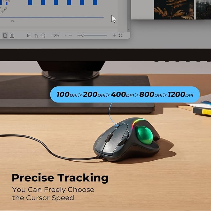 Wired Trackball Mouse with RGB Lighting, Ergonomic Thumb Control to Reduce Muscle Strain, 5 Adjustable DPI, Dual USB-C & USB-A Connectivity, Compatible with PC, Laptop, Mac, Windows-Green