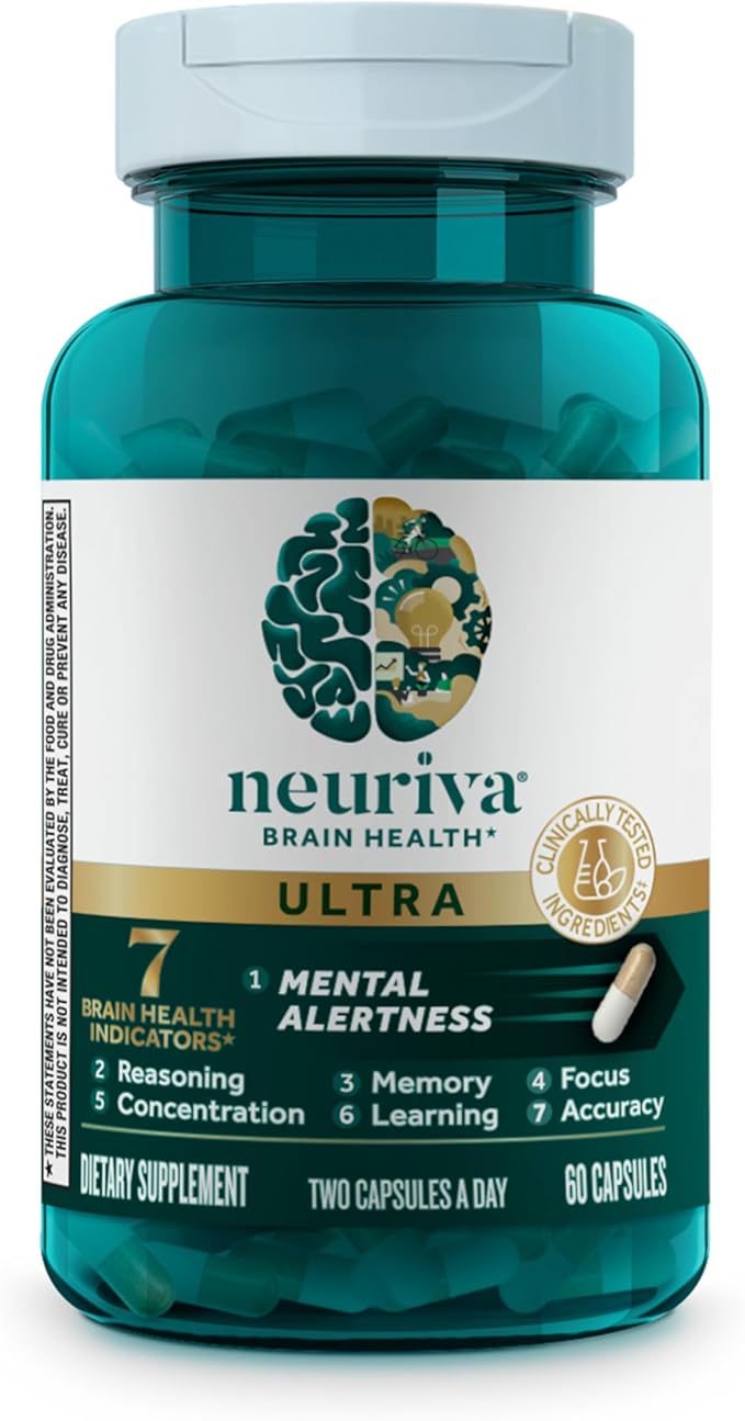 NEURIVA Ultra Decaffeinated Clinically Tested Nootropic Brain Supplement for Mental Alertness, Memory, Focus & Concentration, Cognivive, Neurofactor, Phosphatidylserine, Vitamins B6 B12, 60 Capsules