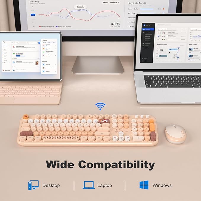 MOFII Wireless Keyboard and Mouse Combo, Full Size 2.4G Plug and Play Typewriter Retro Round Computer Keyboard and Mouse Set for Windows, Computer, Desktop, PC, Notebook - (Milk Tea Colorful)