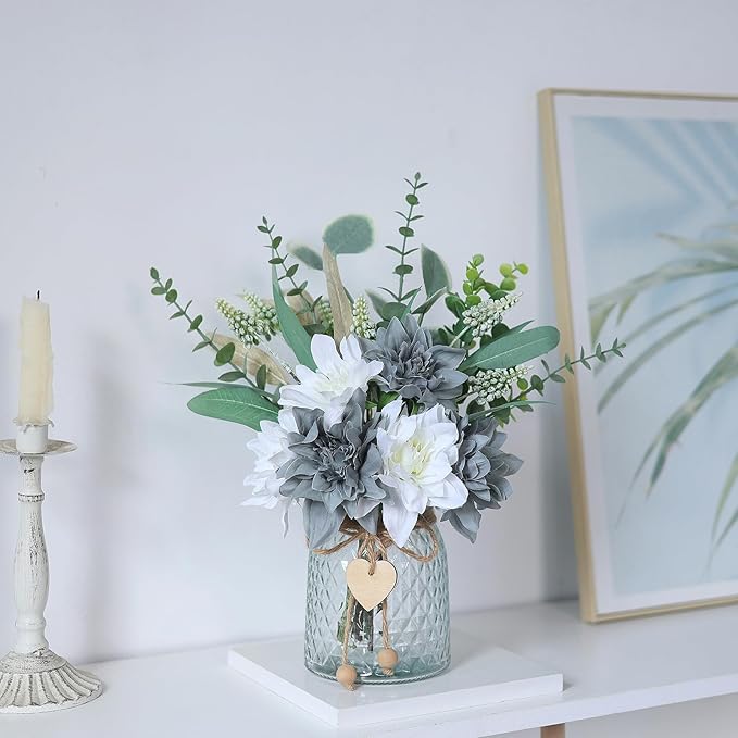 Faux Flowers with Vase,Artificial Silk Flowers in Vase, Fake Plant Eucalyptus and Willow,Flower Arrangement for Home Farmhouse kitchen Dining Table Centerpiece Decorations Table Decor (Grey Blue)