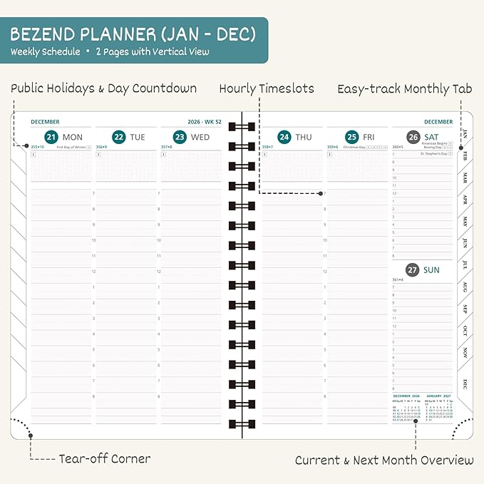 BEZEND 2026 Planner Weekly and Monthly (6" x 8.5" Spiral) Daily Calendar with Half-Hourly Timeslots & Tabs (Jan-Dec) Note & Expenses, Pen Holder, Inner Pocket, Vegan Leather Softcover - Blueberry