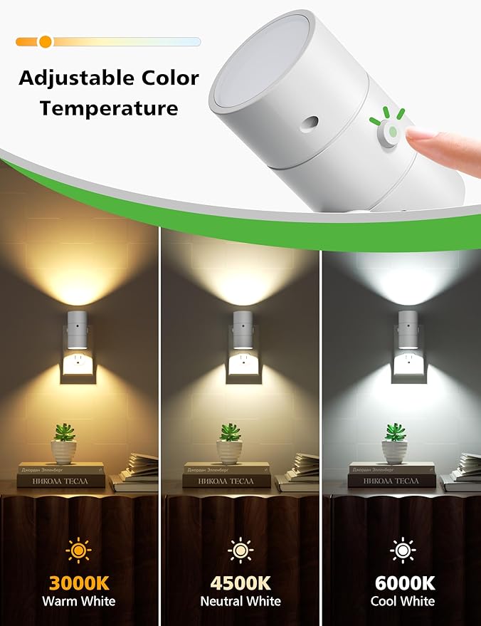Night Lights Plug Into Wall,3 Color Temperatures LED Night Light Plug in,Dusk to Dawn Sensor,0-100LM Adjustable Brightness,Dimmable Night Lights for Hallway Bathroom Stair Bedroom,White,2 Pack