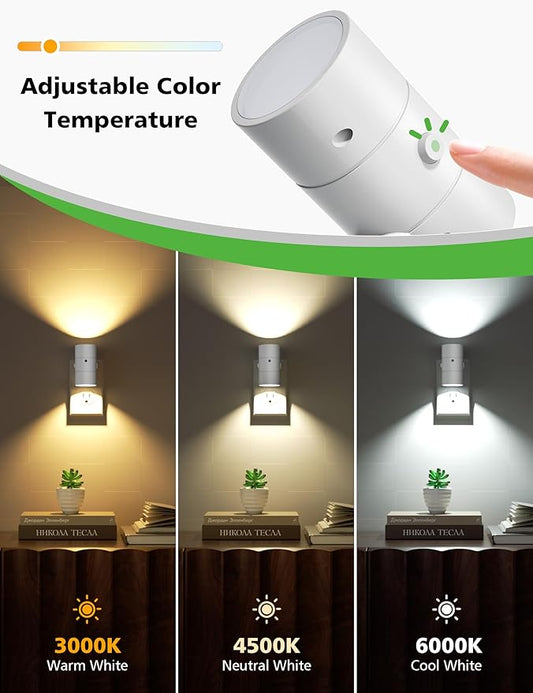 Night Lights Plug Into Wall,3 Color Temperatures LED Night Light Plug in,Dusk to Dawn Sensor,0-100LM Adjustable Brightness,Dimmable Night Lights for Hallway Bathroom Stair Bedroom,White,4 Pack