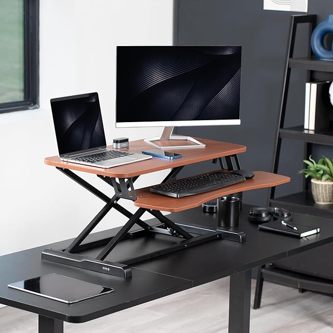 VIVO 32 inch Desk Converter, K Series, Height Adjustable Sit to Stand Riser, Dual Monitor and Laptop Workstation with Wide Keyboard Tray, Dark Walnut Top, Black Frame, DESK-V000KA