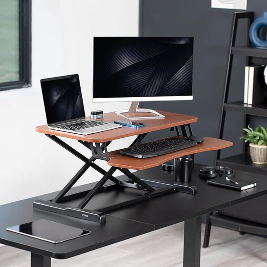 VIVO 32 inch Desk Converter, K Series, Height Adjustable Sit to Stand Riser, Dual Monitor and Laptop Workstation with Wide Keyboard Tray, Dark Walnut Top, Black Frame, DESK-V000KA