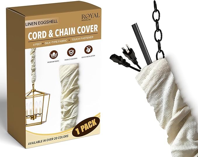 Royal Designs, Inc. Cord & Chain Cover 4 ft Silk Type Fabric, Chandelier Pendant Lighting Chain & Cable Management, Touch Fastener, Linen Eggshell - 1 Pack