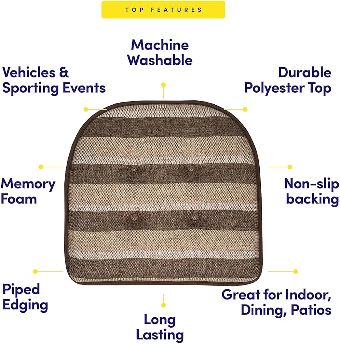 Sweet Home Collection Chair Cushion Memory Foam Pads Tufted Slip Non Skid Rubber Back U-Shaped 17" x 16" Seat Cover, 12 Count (Pack of 1), Bradford Chocolate/Beige