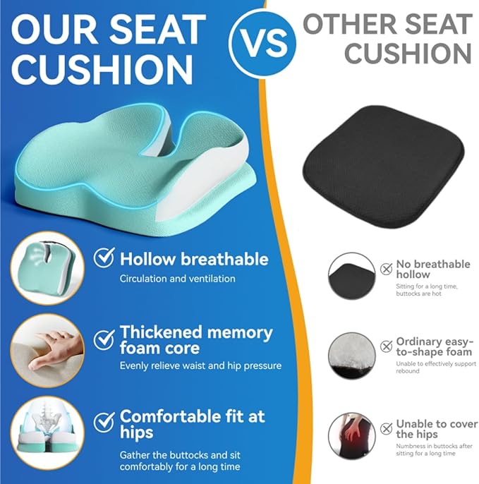 Seat Cushions for Office Chairs Wheelchair Cushion for Long Sitting Back Pain，Memory Foam Seat Car Computer Desk Chair Cushion，Coccyx Cushion for Tailbone Pain Relief Cushion Office Chair Butt Pillow