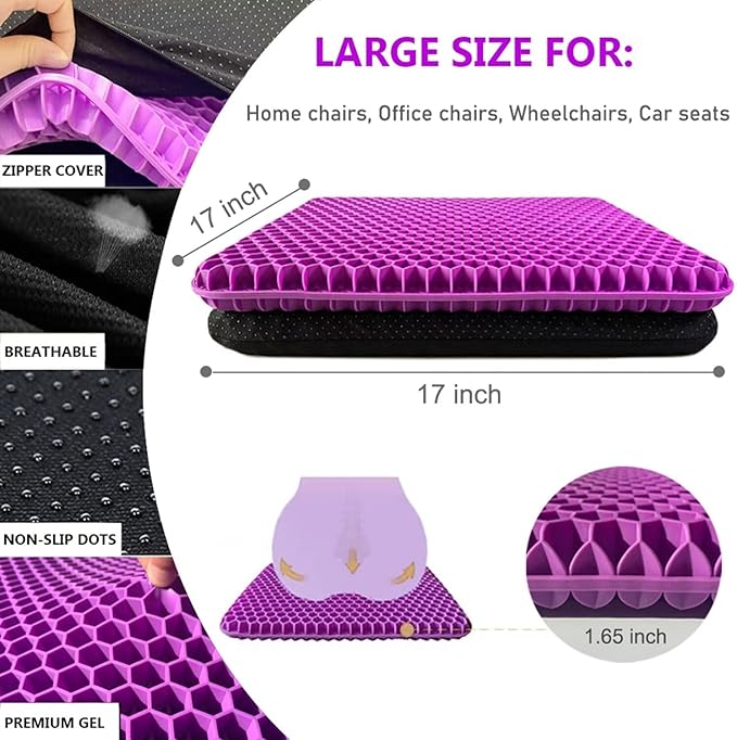 Gel Seat Cushion, Egg Seat Cushion Wheelchair Cushion with Non-Slip Cover, Breathable Chair Pads Honeycomb Design Absorbs Pressure Points for Car Office Chair Wheelchair (Violet)