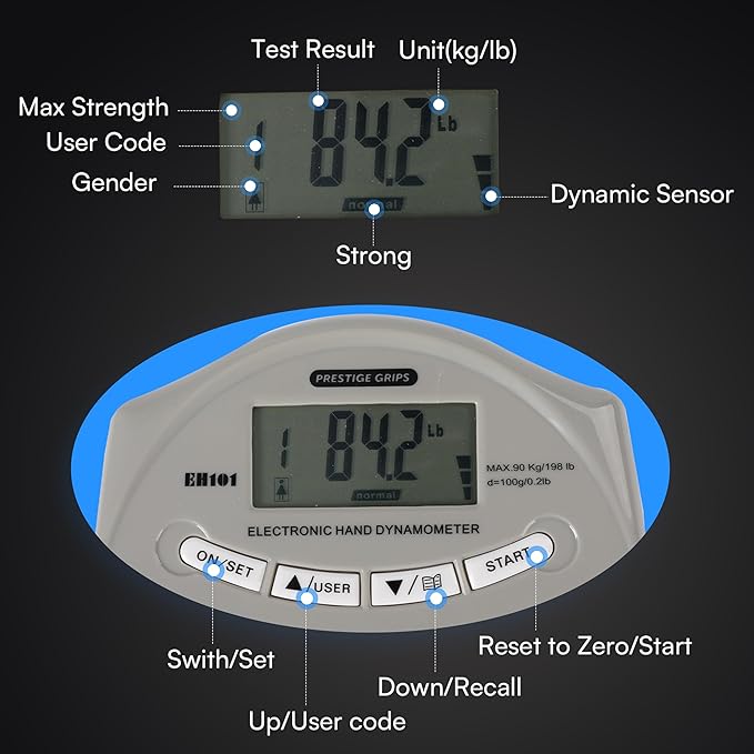 Grip Strength Tester - Hand Strengthening Device With Precision Sensors & Adjustable Handle - Hand Dynamometer Fits Most Hands - 90 Kgs/198 Lbs. Max Power Reading - For Home - Sports - Rehab & Clinical Use