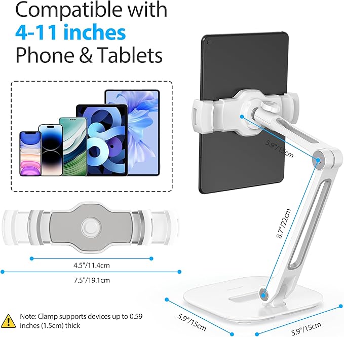 AboveTEK Multi-Angle Adjustable Tablet Stand, 360 Swivel iPad Stand Aluminum Desk Mount Fits 4'-11" Tablets White
