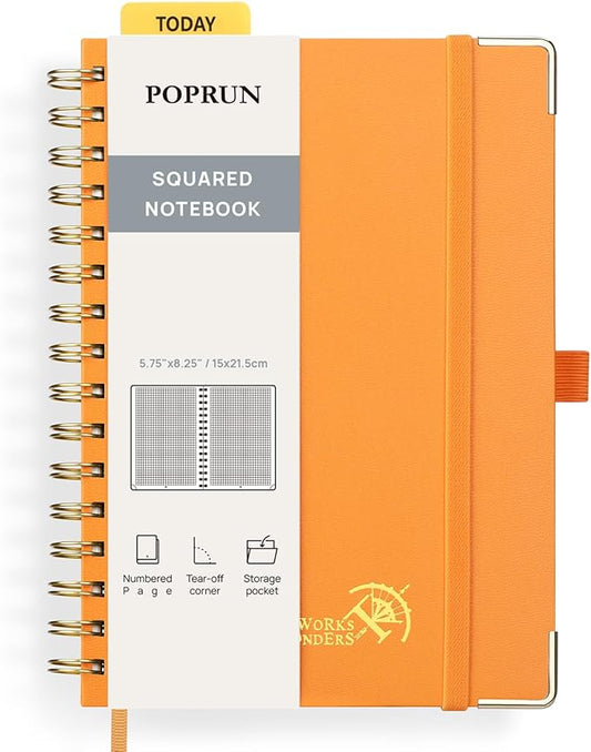 POPRUN Graph Paper Spiral Journal Notebook, [A5-5.75'' x 8.25''] - 120 GSM Thick Paper, 141 Numbered Pages, Grid Notebooks for Men & Women with Pocket, Index Tabs, 8 Perforated Sheets,Orange