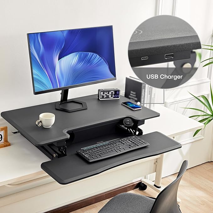 Redlife 46 inch Electric Standing Desk Converter, Height Adjustable Sit to Stand Desk Riser Extra Large Dual Monitor and Laptop Workstation with Keyboard Tray & Wireless Charging Station, Grey