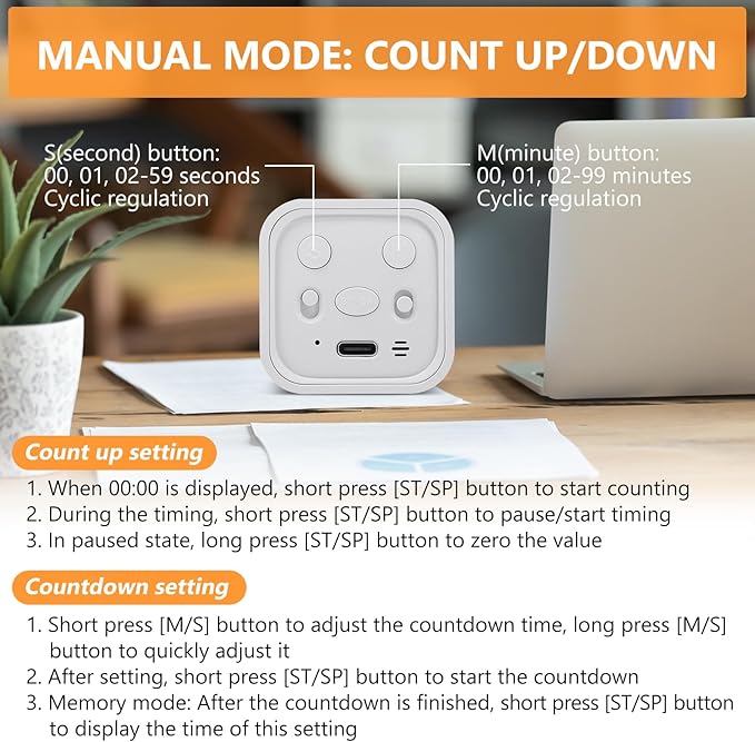 GuDoQi Multi-Function Cube Timer, 5/10/30/60 Min & Custom Count Down, Included Pause & Resume Feature, Silent, Vibrate & Adjustable Sound Alarm for Productivity in Tasks, Study & Kitchen, White