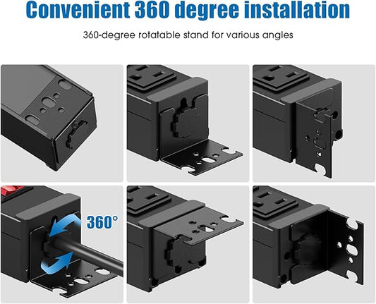 HHSOET Rotating Mountable Power Strip, 12 Outlet Wall Mount Surge Protector, Metal Heavy Duty and Versatile Outlet Strip, Stylish Appearance, Sturdy and Durable, 10ft Power Cord.(Black)