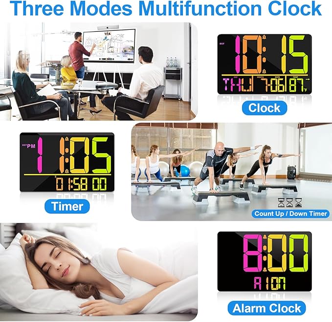 13" Large Digital Wall Clock with Remote, RGB Color Changing, 25 Ringtones, 0-100% Auto/Custom Brightness, Temperature, Calendar, 12/24H, DST, Timer, for Living Room/Bedroom/Office/Elderly