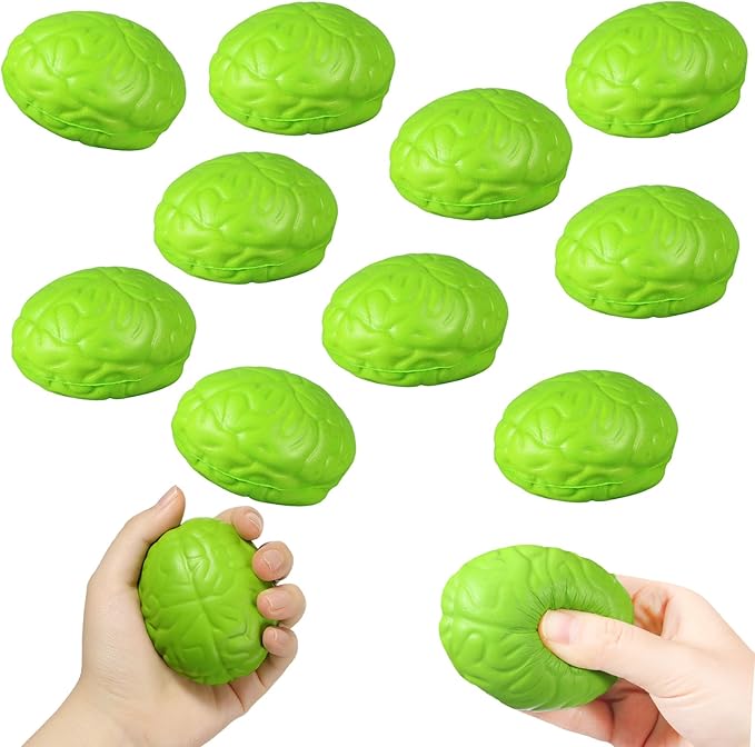 Leitee 12 Pcs Brain Stress Balls Bulk Large Halloween Brain Toys PU Hand Muscle Exercise Pressure Ball Funny Stress Relief Toy for Teens Adult Improving Grip Strength Prop(Green)