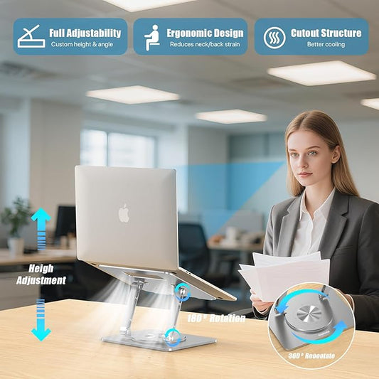 360° Swivel Laptop Stand - 2.5mm Heavy-Duty Aerospace Aluminum, Adjustable Height & Angle, Sturdy Yet Lightweight，Ergonomic Desk Mount for 10-17" MacBook/Dell/HP,Silver