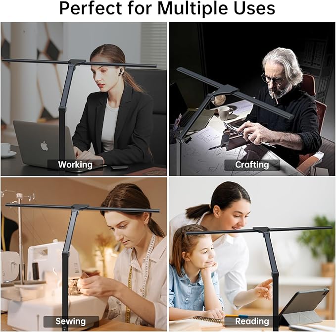 LED Desk Lamp for Home Office, 24W Eye-Caring Reading Light with Clamp, USB Charging Port, 7 Brightness 5 Color Mode, Memory Function, Auto-Off Timer, Swing Arm Architect Table Lamp for Study