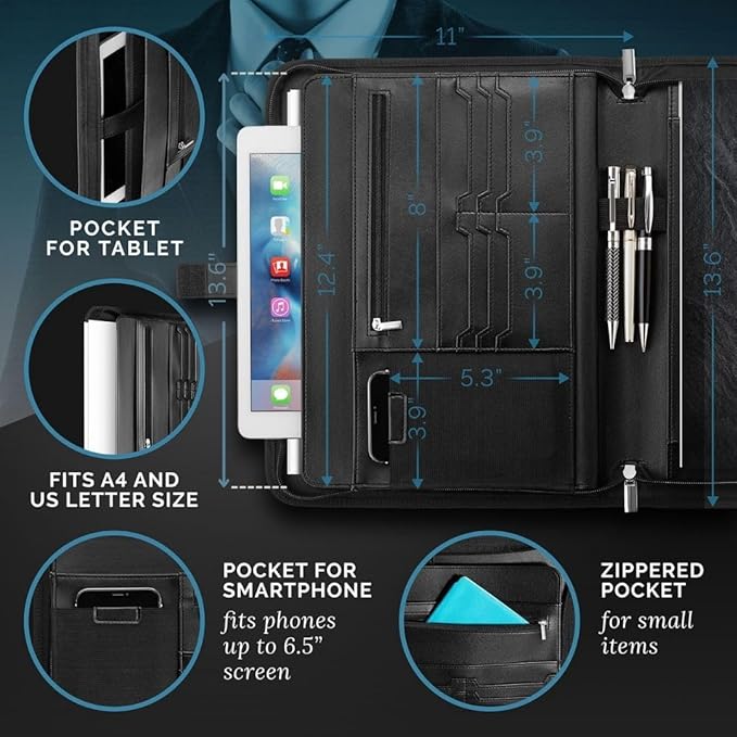 NERO MANETTI- Zippered Vegan Leather Padfolio/Portfolio Pad Holder-Business PU Leather Notepad Folder for Resumes, Interviews, iPad/Tablet, Phone, Legal Pad Notebook Executive Binder for Women, Men