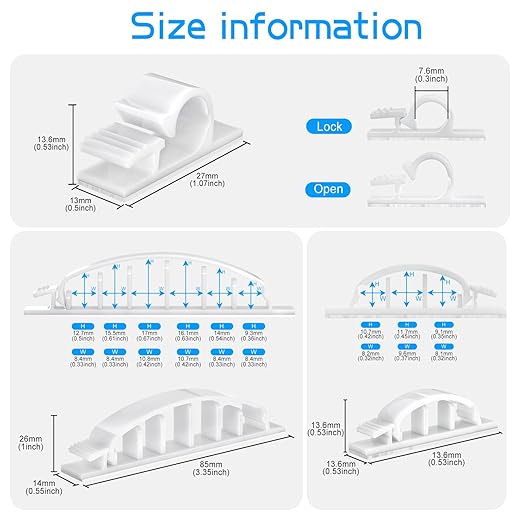 XHF 30pcs Adhesive Cable Wire Clips Kit White, Outdoor Cable Management Wire Organizer Cord Holder for Under Desk, Car, Wall, TV PC Ethernet Cable