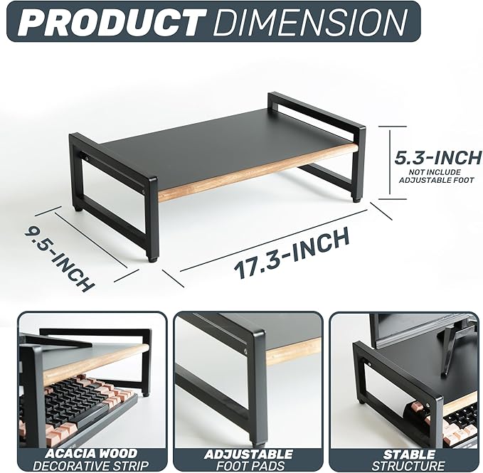 Monitor Riser,Monitor Stand for Desk -Metal Computer Riser with Solid Wood Decorative Strips.Desk Storage for Office, Home (no Storage)