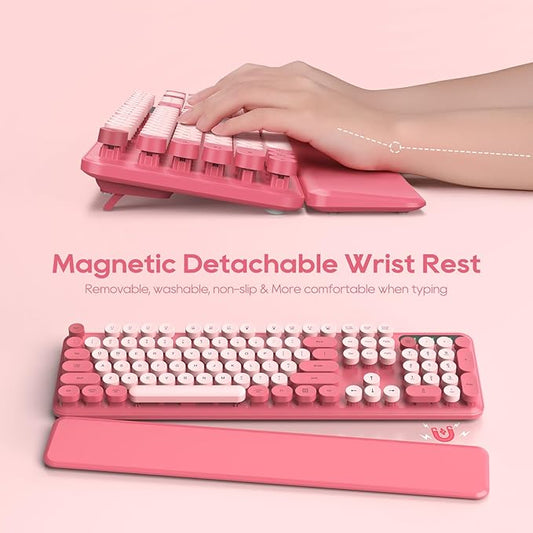 Wireless Keyboard and Mouse Combo - Round Keycaps, Full-Size Retro Typewriter Keyboard with Detachable Wrist Rest, Sleep Mode & Tilt Legs, 2.4GHz Cordless Connection for Mac/Windows/PC (Hot Pink)