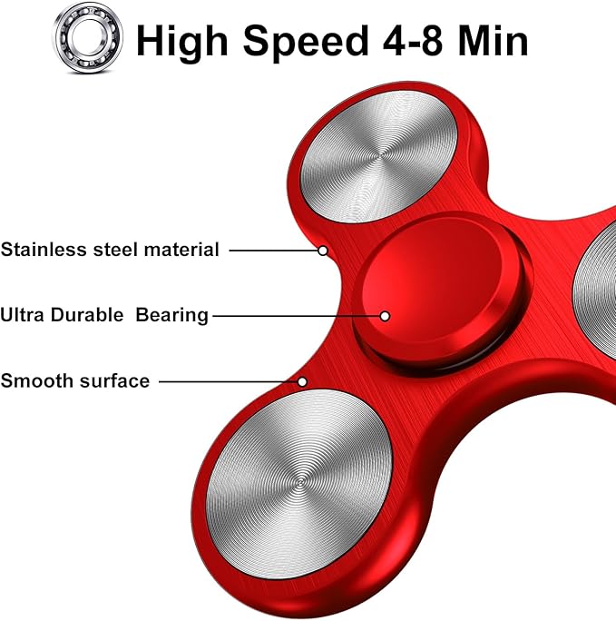 Fidget Spinners Toy, Metal Stainless Steel Bearing High Speed 4-8 Min Spins, EDC ADHD Stress Anxiety Relieves Reducer Fidgets Finger Toys, Spinner Toys for Kids and Adults (Red)