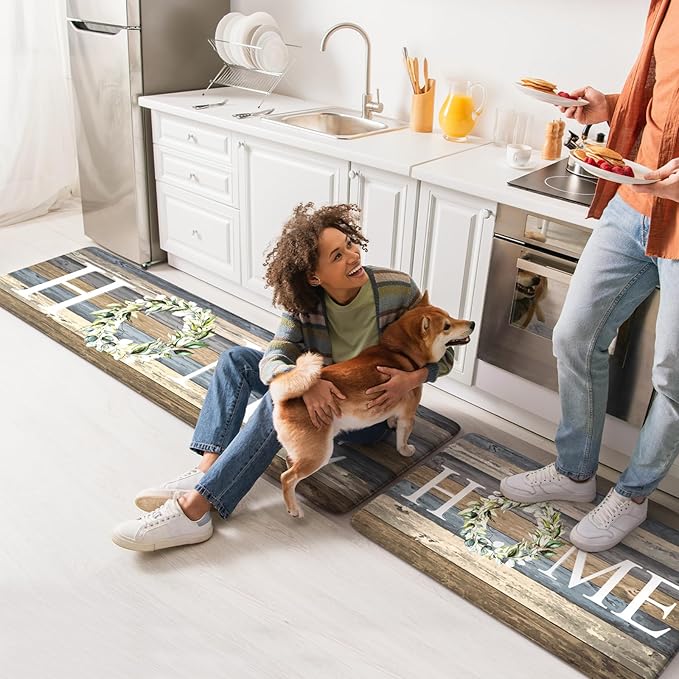 KIMODE Farmhouse Kitchen Floor Mats Cushioned Anti Fatigue,Memory Foam Rugs Non Slip Sets of 2,Long Waterproof Carpet for Sink Laundry Office Bathroom,Blue 17"x59"+17"x29"