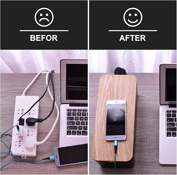 3 Pack Cable Management Box with 18 PCS Cable Management Set - Large & Medium & Small Wooden Grain Cable Organizer Box to Hide Wires & Power Strips | TV Cord Organizer Box | for Home & Office(Black)