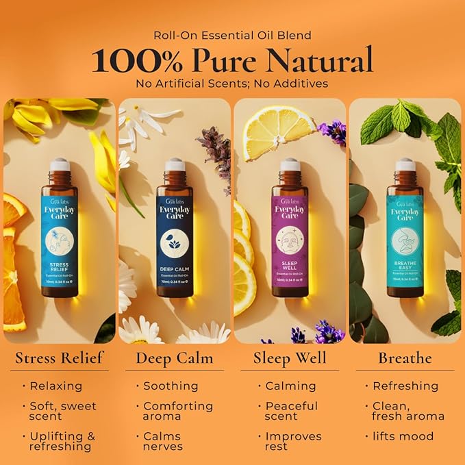 Gya Labs Peaceful Roll on Essential Oils Set - 100% Pure Natural Relaxing Gift for Women & Men - Blend for Calming, Refreshing, Stress Comfort, Aromatherapy Essential Oil Gift Set (0.34 Fl Oz Each)