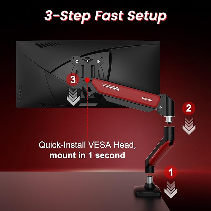 Gaming Monitor Mount for Computer Screen 13-32" and up to 22 lbs,360° Rotation,+90° to -45° Tilt,180° Swivel,with C Clamp and Grommet Base,Integrated Cable Management,75x75/100x100 VESA,RED