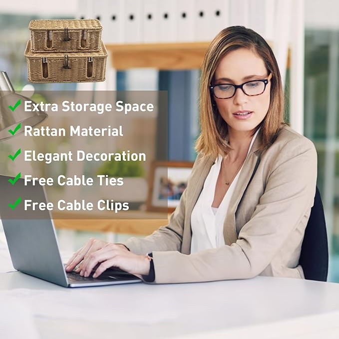 2 Pack Rattan Cable Management Box, Large Cord Organizer Box with Lid Under Desk Router Hider Storage Box with 4 Exits, Wire Box Hider for TV Wires Computer Surge Protector USB Hub Power Strip