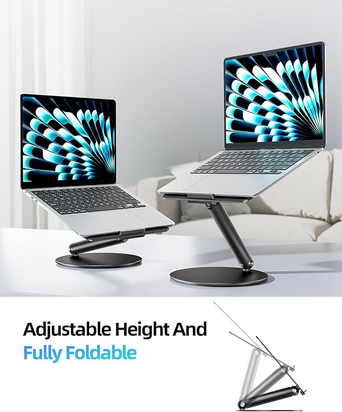 LULULOOK Laptop Stand for Desk, Full Aluminum Computer Stand, 360 Rotating Adjustable Laptop Riser, Foldable MacBook Holder Compatible with MacBook Pro/Air, Dell, HP, and 10-17inch Laptops (Black)