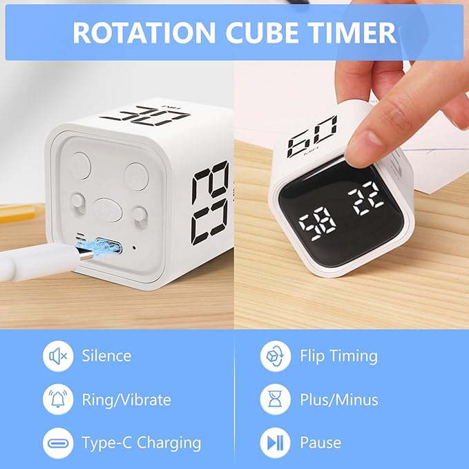 Digital Cube Productivity Timer - Rotating Pomodoro Timer with Gravireceptor 5-10-30-60 Min Custom Countdown, Vibration & Adjustable Volume for Learning, Office, Kitchen, Desk, White
