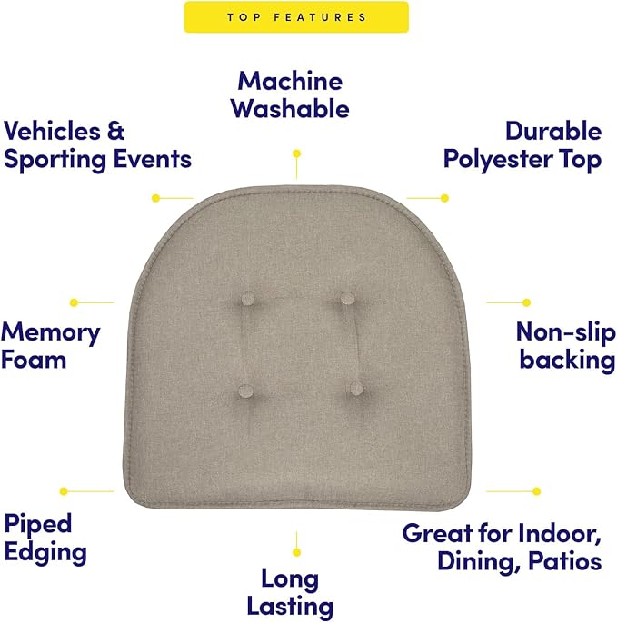 Sweet Home Collection Chair Cushion Memory Foam Pads Tufted Slip Non Skid Rubber Back U-Shaped 17" x 16" Seat Cover, Khaki Gray- 2 Count (Pack of 2)